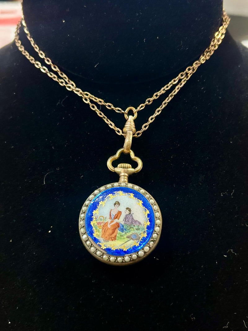 GF 1900's watch pendant with enamel and seed pearls