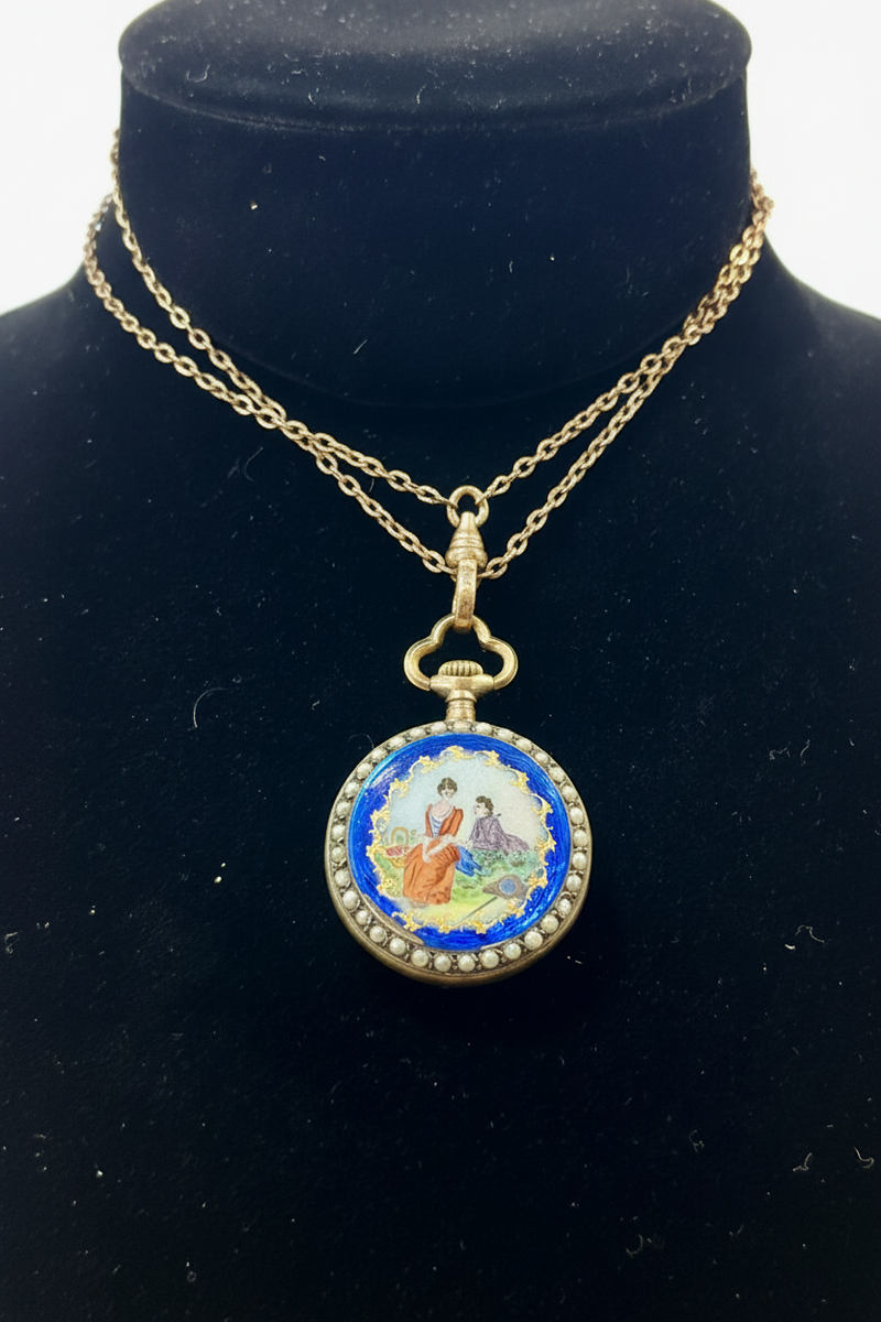 GF 1900's watch pendant with enamel and seed pearls