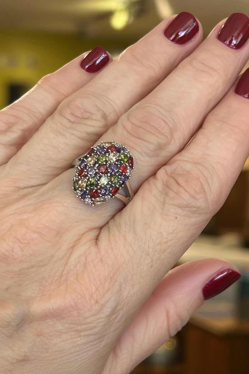 Vintage Sterling Silver Multi Gemstone Ring – Modern Oval Statement Ring