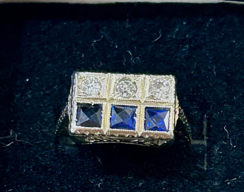 Art Deco 18K Gold Diamond Sapphire Ring