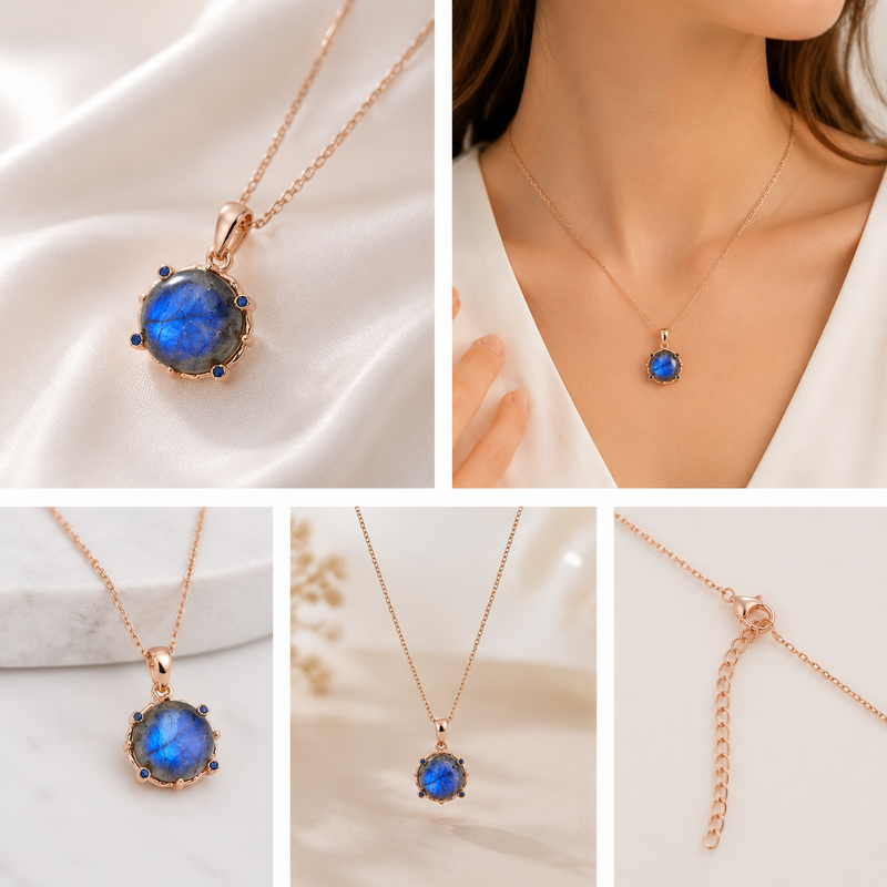 22K Pink Gold Plated Spectrolite & Blue Sapphire Sterling Silver Necklace