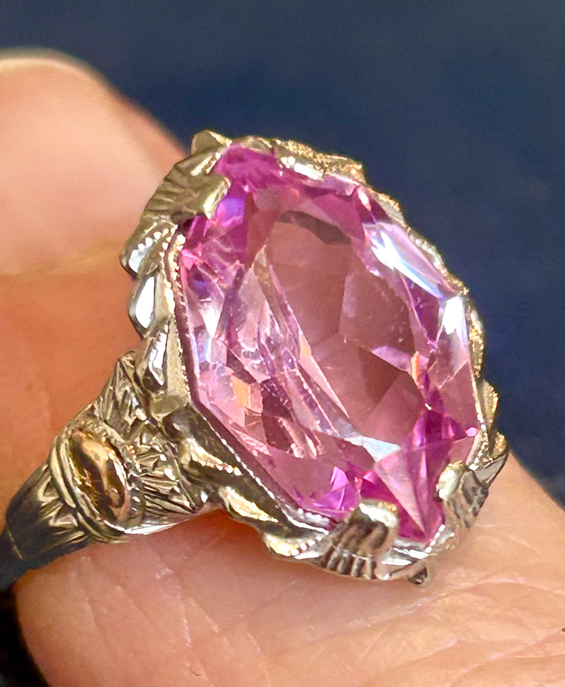 Vintage 10K Gold Synthetic Pink Stone Statement Ring