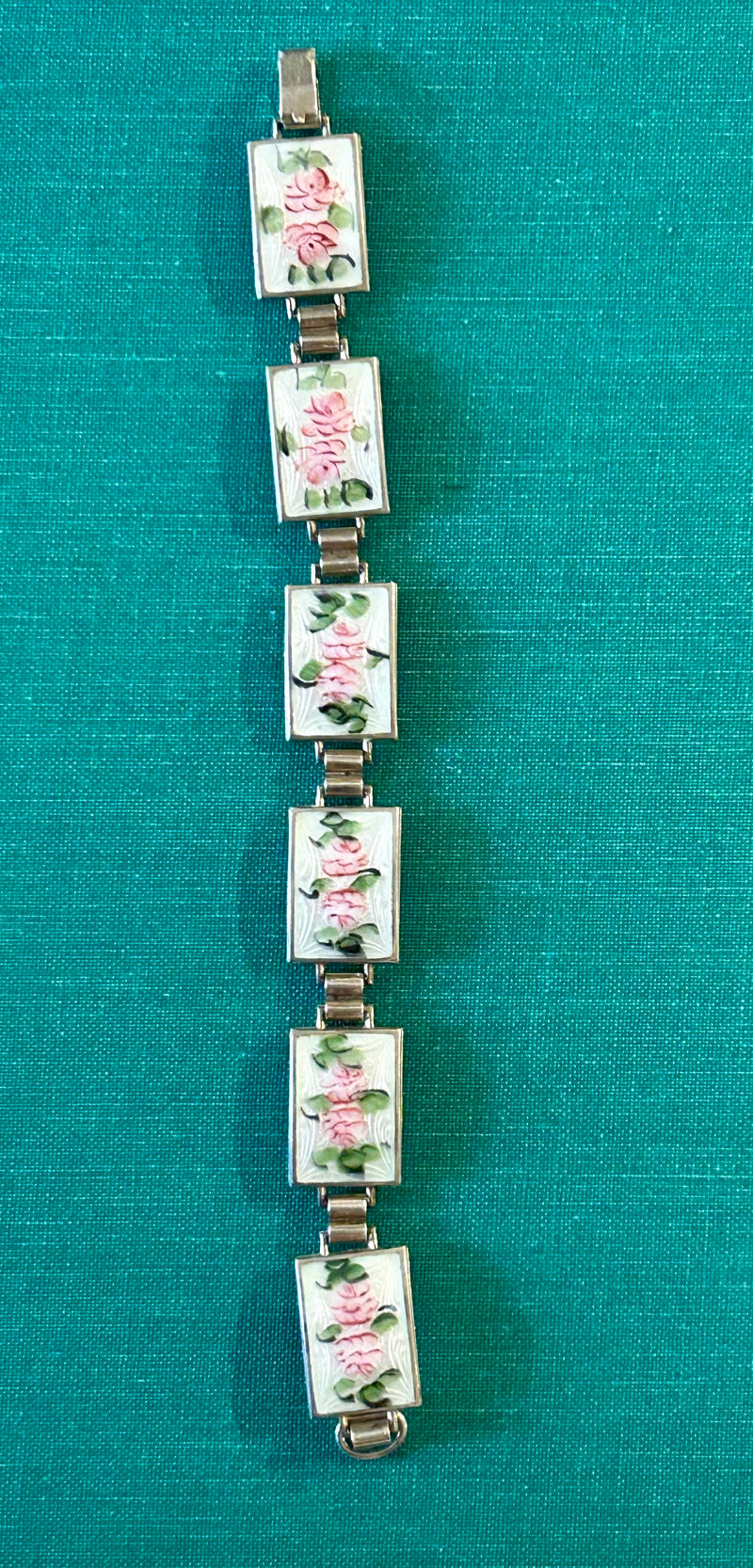 Art Deco Sterling Silver Enamel Floral Link Bracelet 6.5"