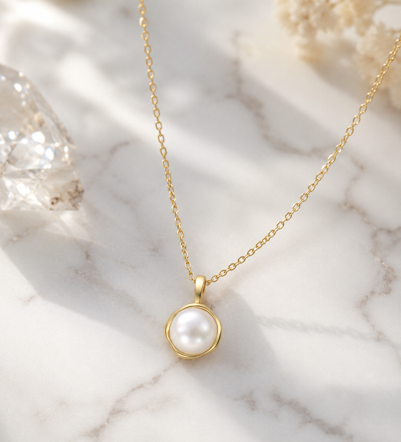 Sterling Silver Freshwater Pearl Necklace, 1 Micron 14K Yellow Gold Plated