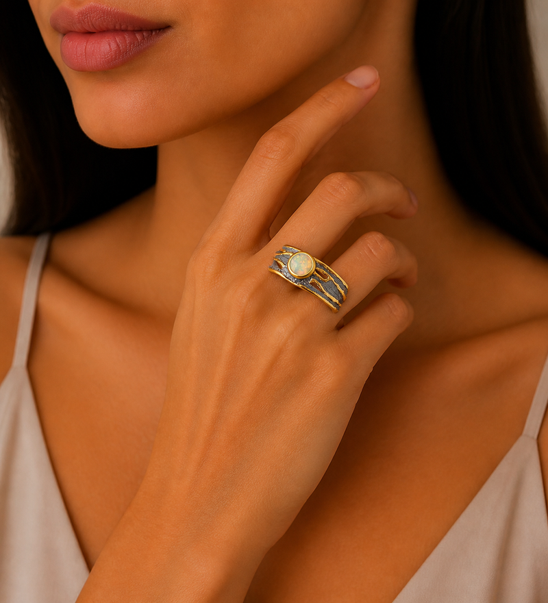 Sterling Silver Ring, Decorated with Ethiopian Opal, Plated with 3 Micron 22K Yellow Gold and Grey Ruthenium