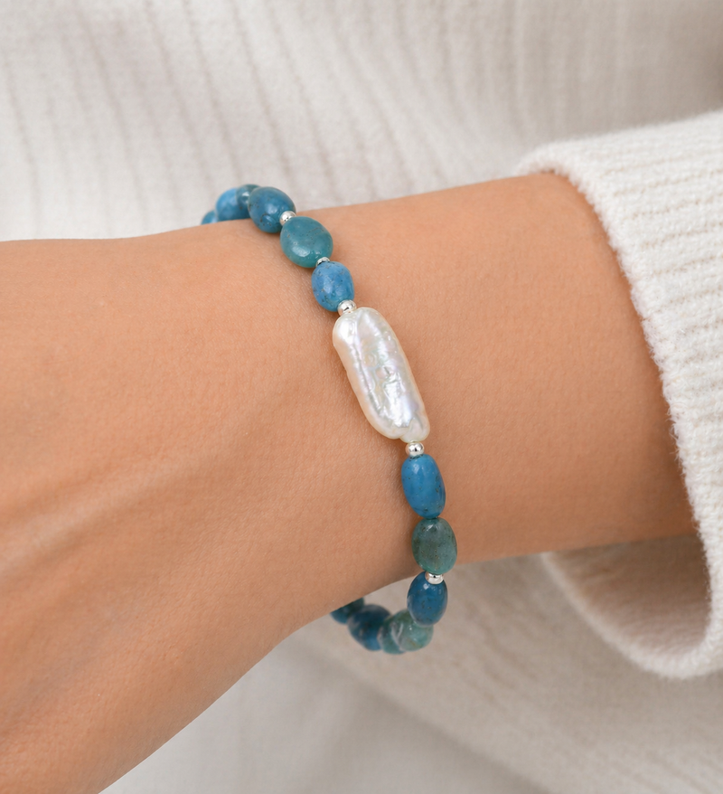 Sterling Silver Bracelet with Freshwater Pearl, Gemstone Beads & Silver-Plated Hematite