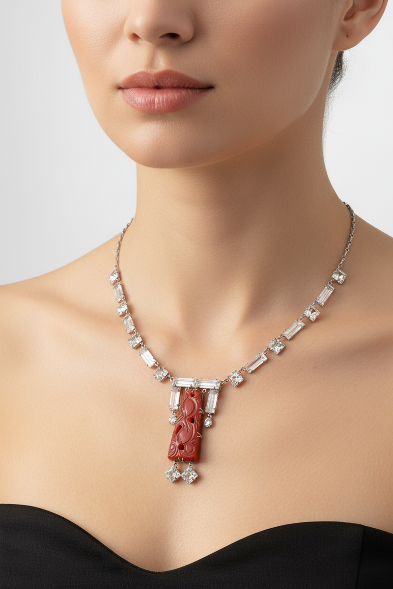 Sterling Art Dec Carnelian and crystal necklace