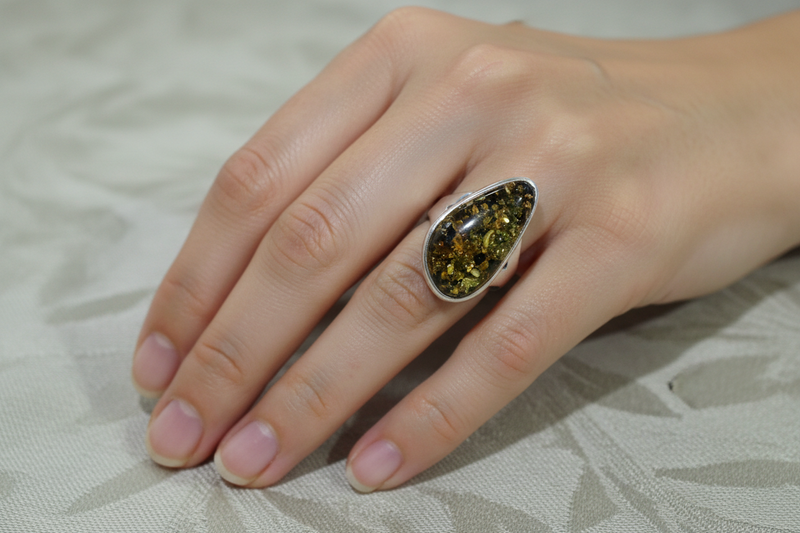 SS Green Amber Ring