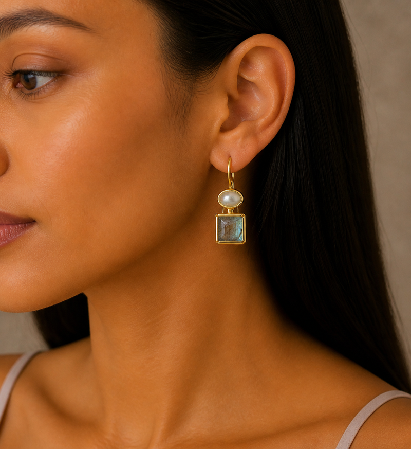 Labradorite Pearl Hook Earrings – 18K Gold Plated Sterling Silver