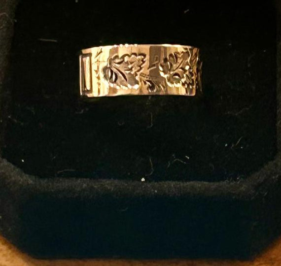 Victorian 14K Gold Leaf & Geometric Band Ring Size 7.75