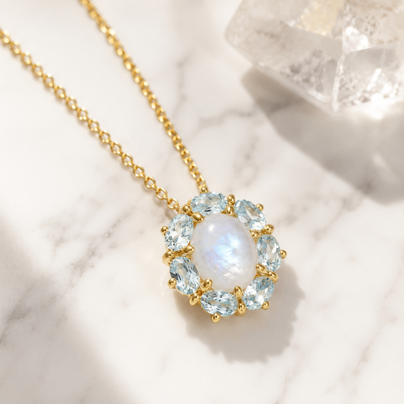Moonstone & Aquamarine Halo Pendant Necklace 18” long