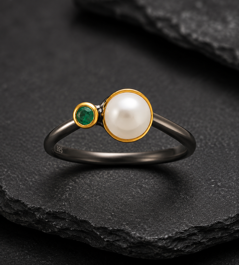 22K Gold & Black Rhodium Plated Pearl & Emerald Sterling Silver Ring