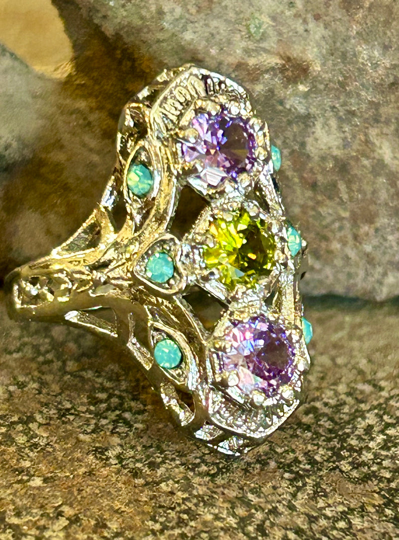 Sterling Silver Art Deco style ring with gem stones size 7