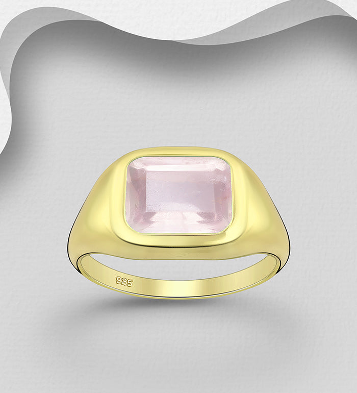 Sterling Silver Solitaire Ring, Decorated with Rose Quartz, Bezel Plated with 0.3 Micron 18K Yellow Gold