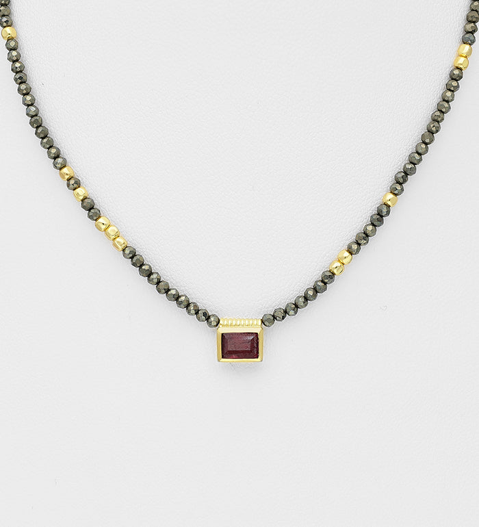 Sterling Silver Necklace, Beaded with Ruby and Pyrite