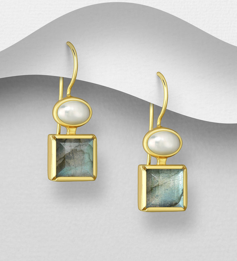Labradorite Pearl Hook Earrings – 18K Gold Plated Sterling Silver