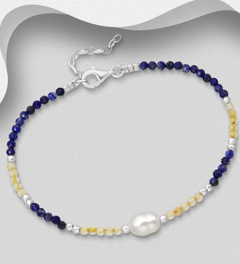Sterling Silver Bracelet with Freshwater Pearls & Gemstone Beads -  7 - 8"