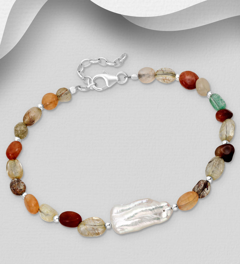 Sterling Silver Bracelet with Freshwater Pearl, Gemstone Beads & Silver-Plated Hematite
