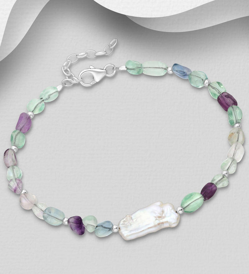 Sterling Silver Bracelet with Freshwater Pearl, Gemstone Beads & Silver-Plated Hematite