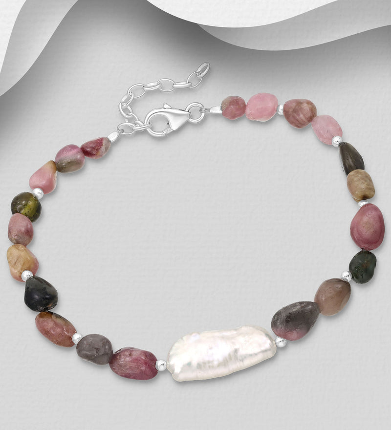 Sterling Silver Bracelet with Freshwater Pearl, Gemstone Beads & Silver-Plated Hematite