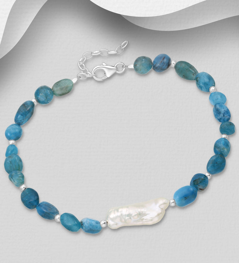 Sterling Silver Bracelet with Freshwater Pearl, Gemstone Beads & Silver-Plated Hematite