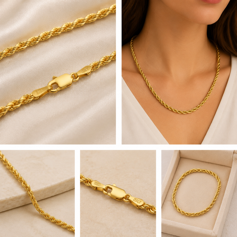 Italian 18K Gold Plated Sterling Silver Rope Chain