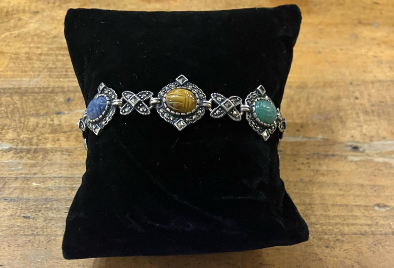 Sterling Silver Gemstones Scarab & Marcasite Bracelet 8" in diameter