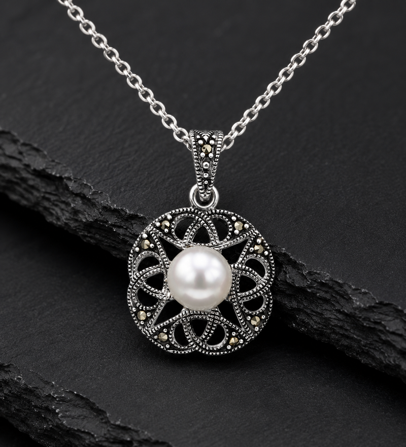 Sterling Silver Freshwater Pearl & Marcasite Filigree Pendant