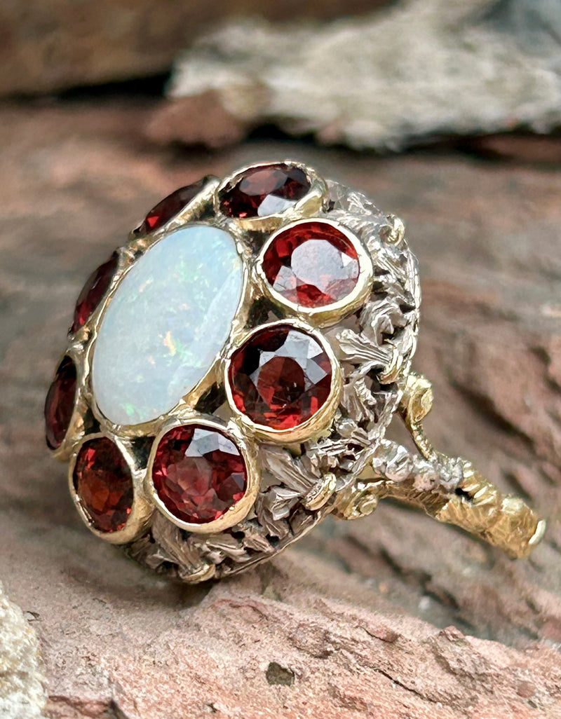 18K Opal and Garnet Ring Deco