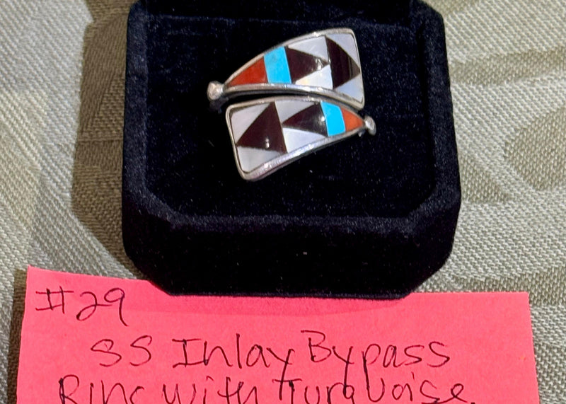 SS Inlay Bypass Ring with Turquoise, Coral, Mother of Pearl, and Onyx