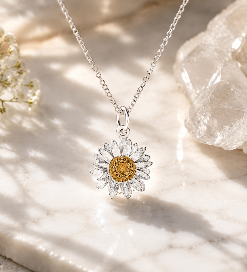 Sterling Silver Daisy Flower Pendant Necklace with Gold-Plated Center 1/2” x 1/2”