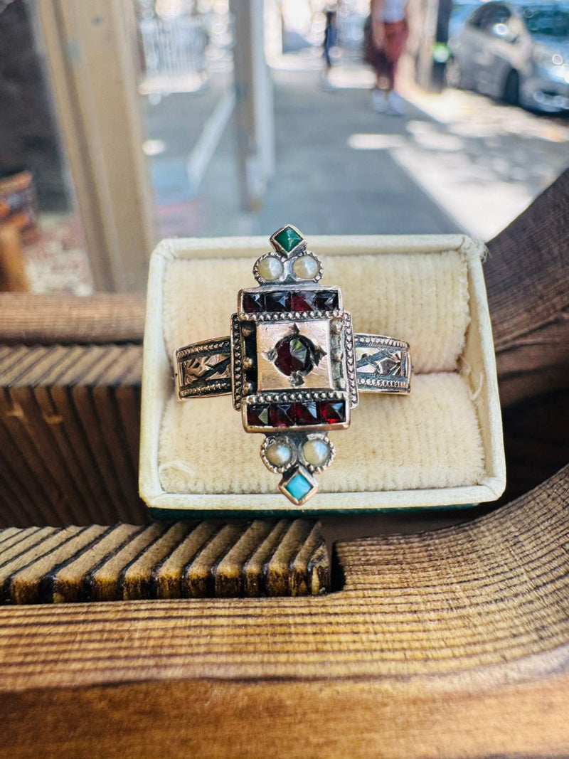 14K VCT Garnet, Turq and PRL Ring
