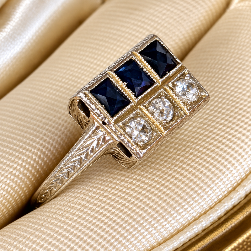 Art Deco 18K Gold Diamond Sapphire Ring