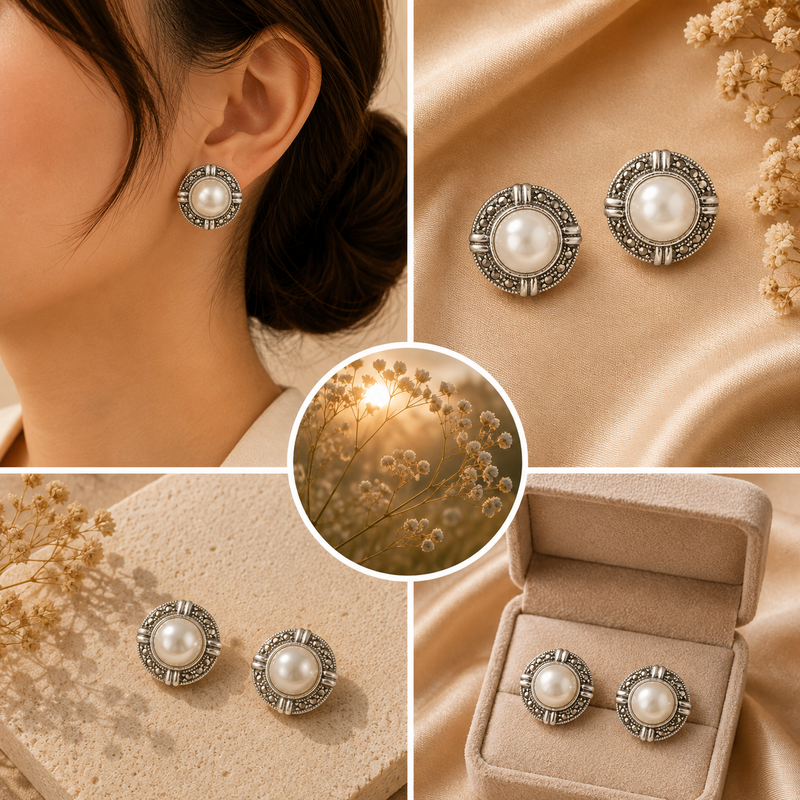 Sterling Silver Marcasite & Faux Pearl Stud Earrings
