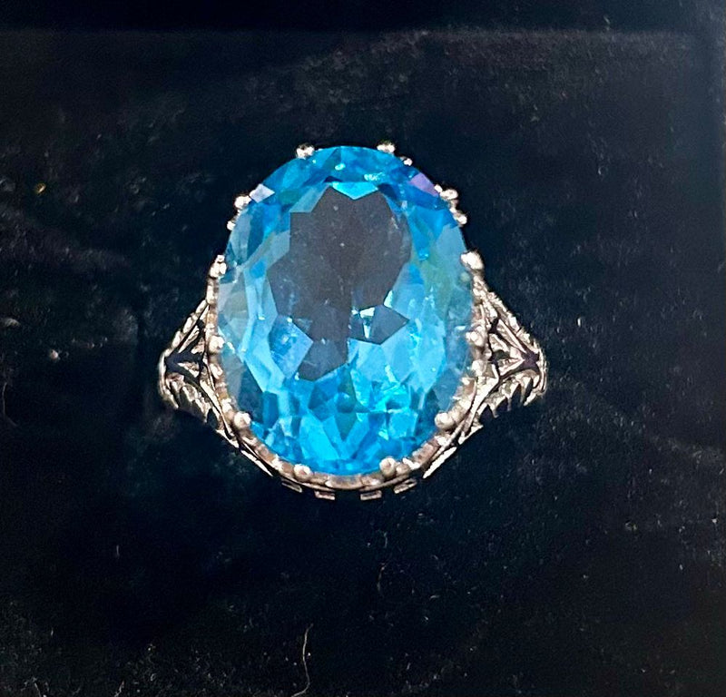 SS Oval Filigree Blue Topaz Ring