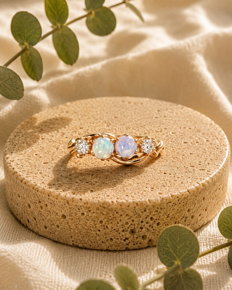14K Yellow Gold Victorian Opal Diamond Ring – Size 7.5