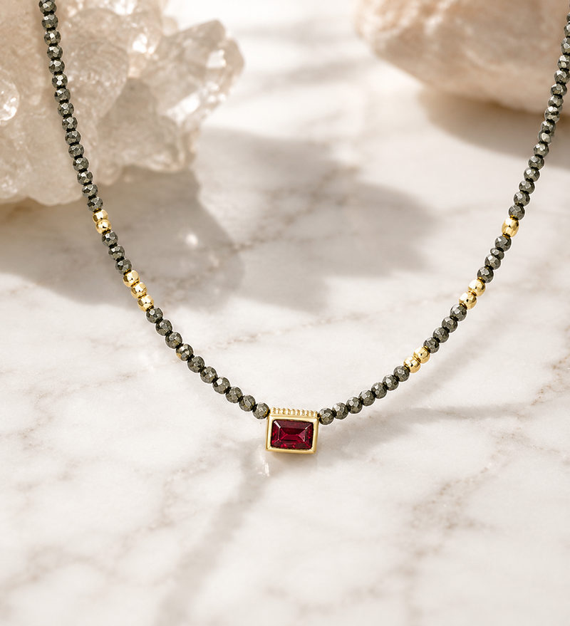 Sterling Silver Ruby & Pyrite Beaded Necklace