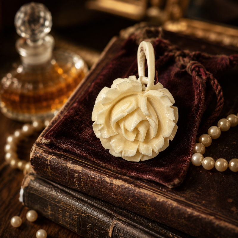 Victorian-Style Carved Ivory-Tone Rose Pendant