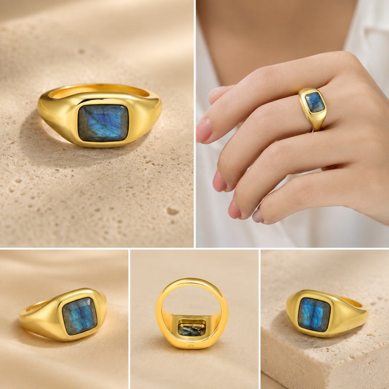 Sterling Silver Labradorite Solitaire Chain Link Ring, 18K Yellow Gold Plated