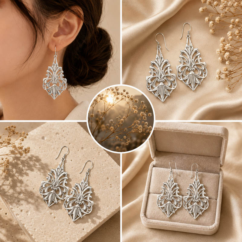 Sterling Silver Art Nouveau Cutout Dangle Earrings