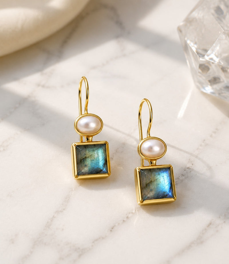 Labradorite Pearl Hook Earrings – 18K Gold Plated Sterling Silver
