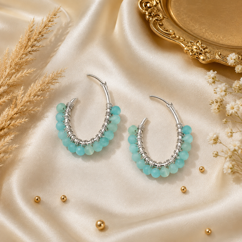 Sterling Silver Gemstone Bead Hoop Earrings