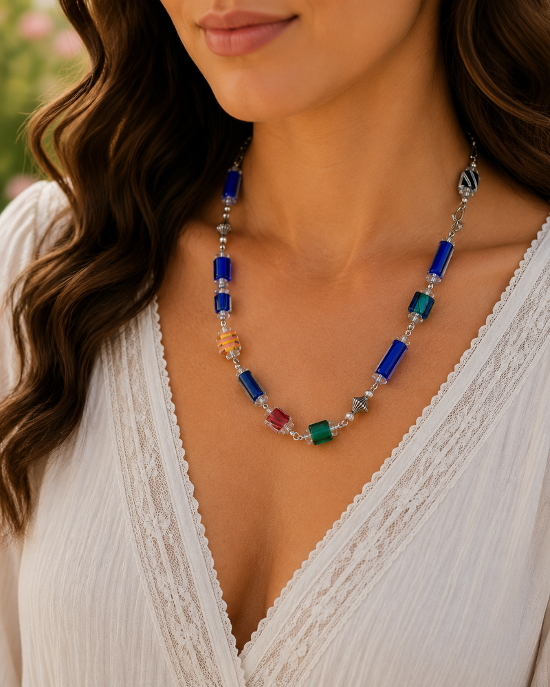 SS Glass Beaded Necklace – Colorful and Elegant Silver Jewelry