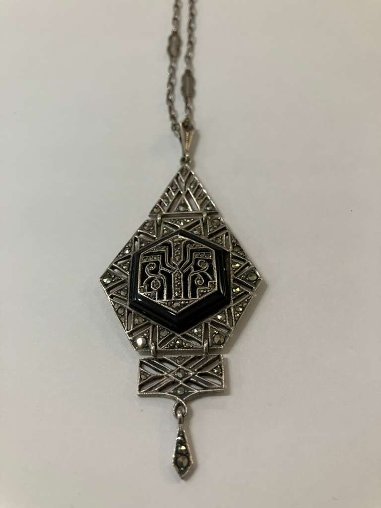 SS Deco Onyx and marcasite necklace