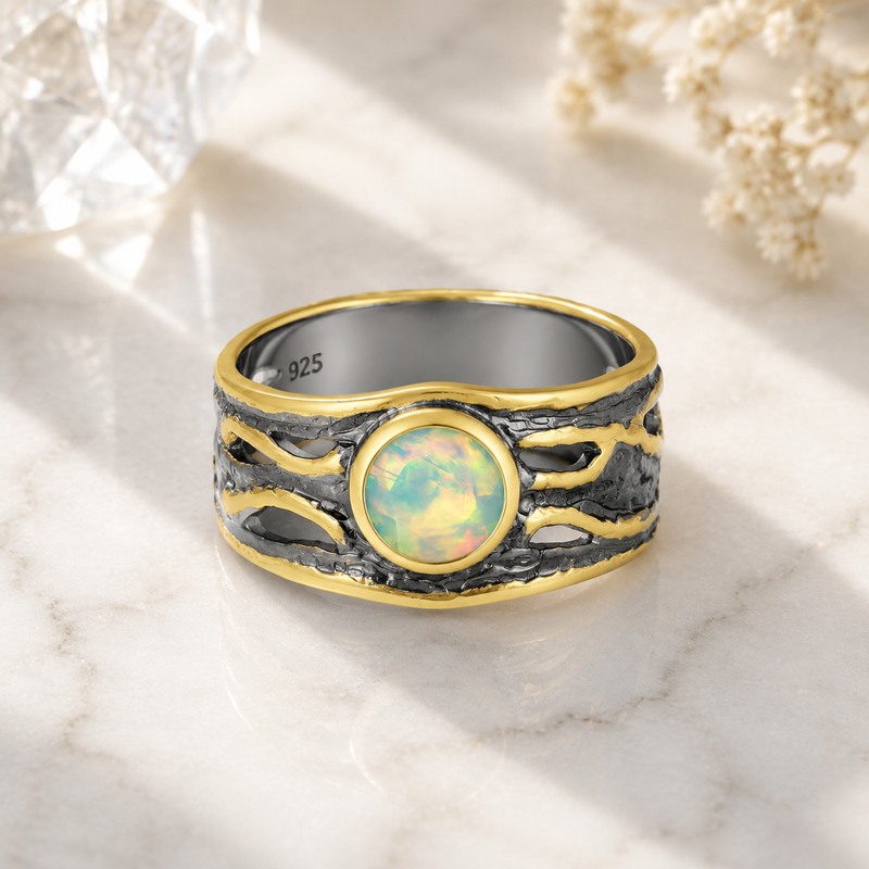Sterling Silver Ring, Decorated with Ethiopian Opal, Plated with 3 Micron 22K Yellow Gold and Grey Ruthenium