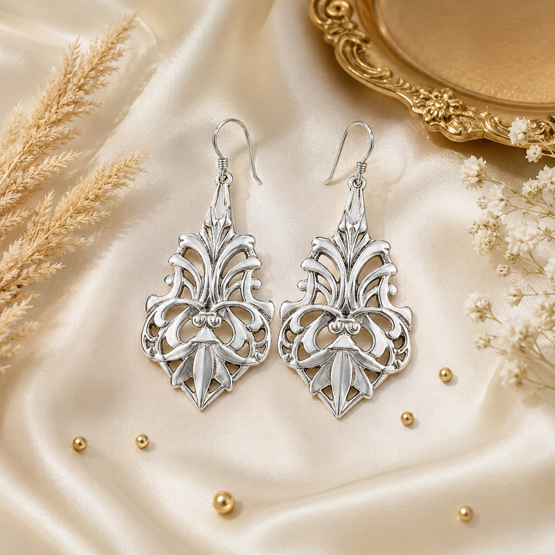 Sterling Silver Art Nouveau Cutout Dangle Earrings