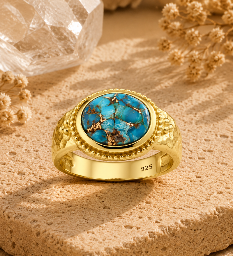Sterling Silver Reconstructed Copper Turquoise Ring, 18K Yellow Gold Plated