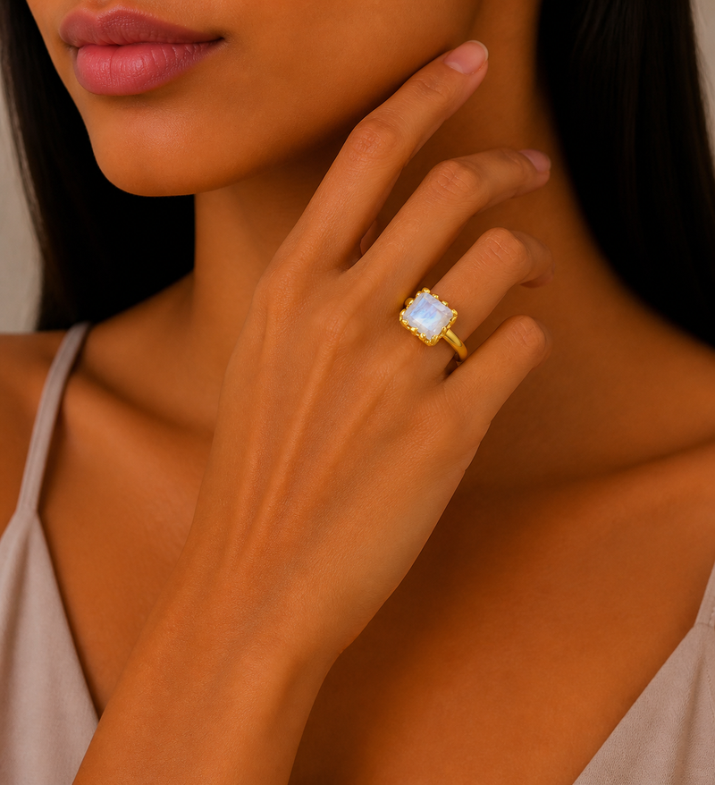 Sterling Silver Ring, Decorated with Rainbow Moonstone, Plated with 0.3 Micron 18K Yellow Gold