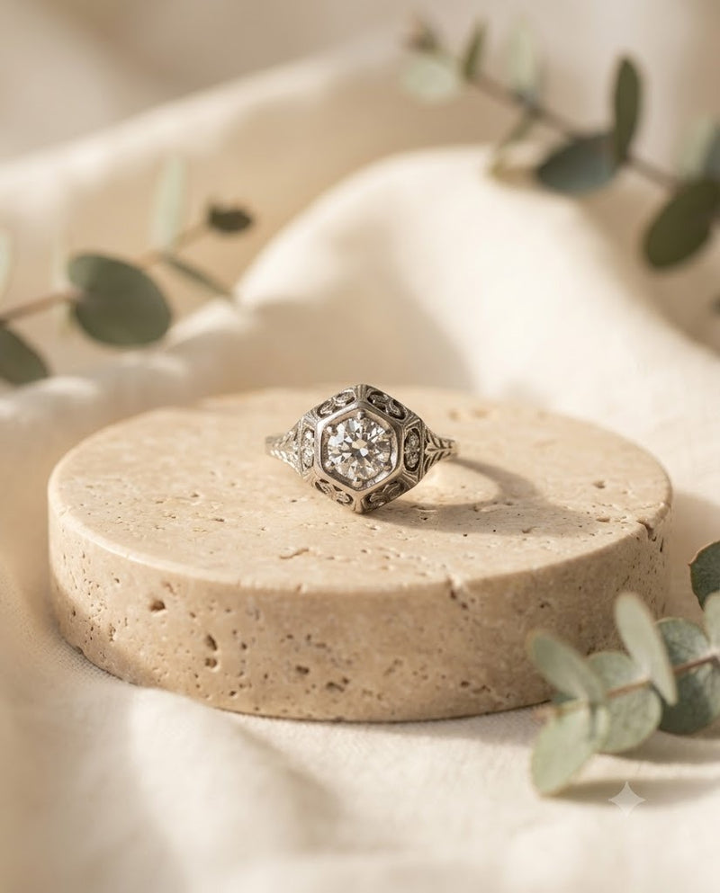 18K Art Deco Filigree 0.51 CT Old Mine Cut Diamond Ring
