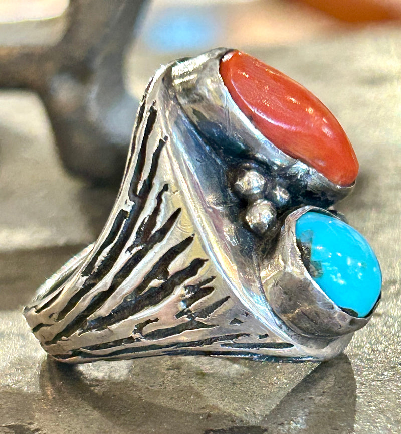 Sterling silver Navajo Turquoise and coral ring, size 9 1/2
